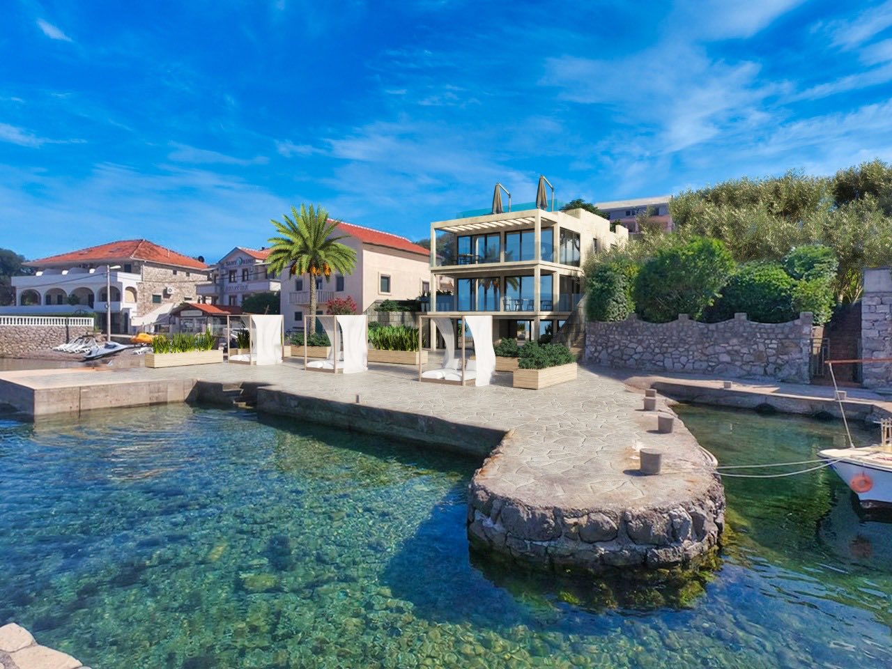 Tivat, Krašići – urbanizovana parcela sa objektom u izgradnji na obali mora