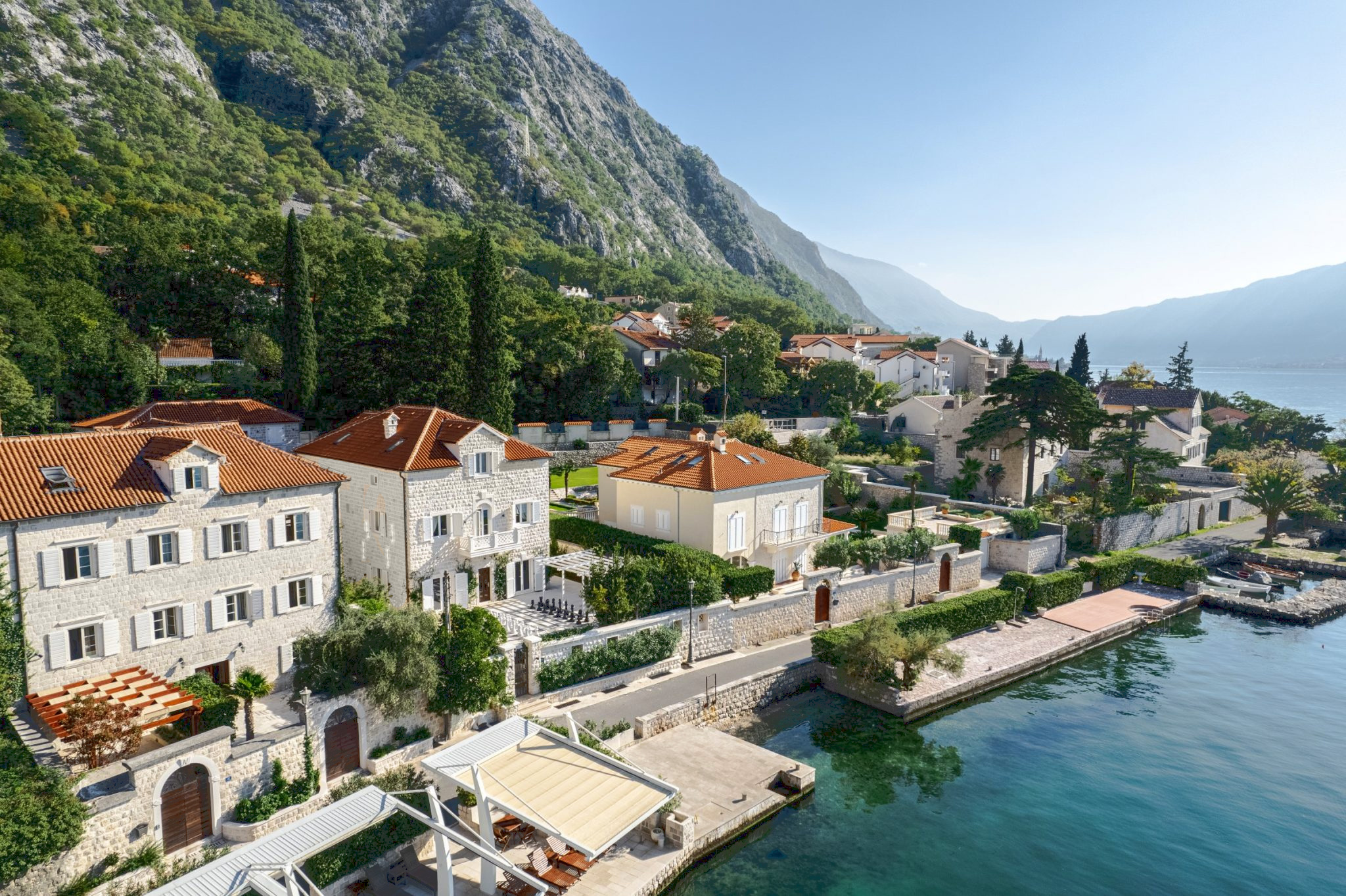 Kotor, Ljuta – luxury stone villa for rent with a private pontoon, first line to the sea