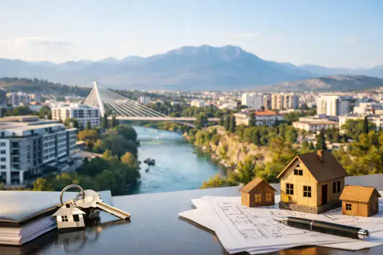 Pogled na Podgoricu s modelima kuća i planovima, rijeka Morača u pozadini, idealno za kupovinu ili najam luksuznih nekretnina.