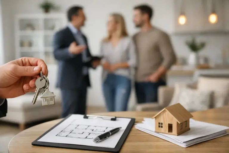 Visoka rezolucija, model kuće na stolu s arhitektonskim planovima, olovkom i ključevima, simbolizirajući prodaju i najam luks.