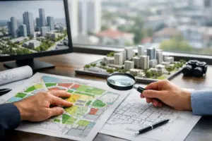 Reževići Model urbanističkog plana i maketa visokih zgrada u kancelariji s pogledom na grad.
