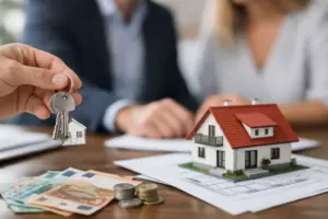 Режевичи Сказка квартиры на продажу в Черногории, модель дома и деньги на столе.