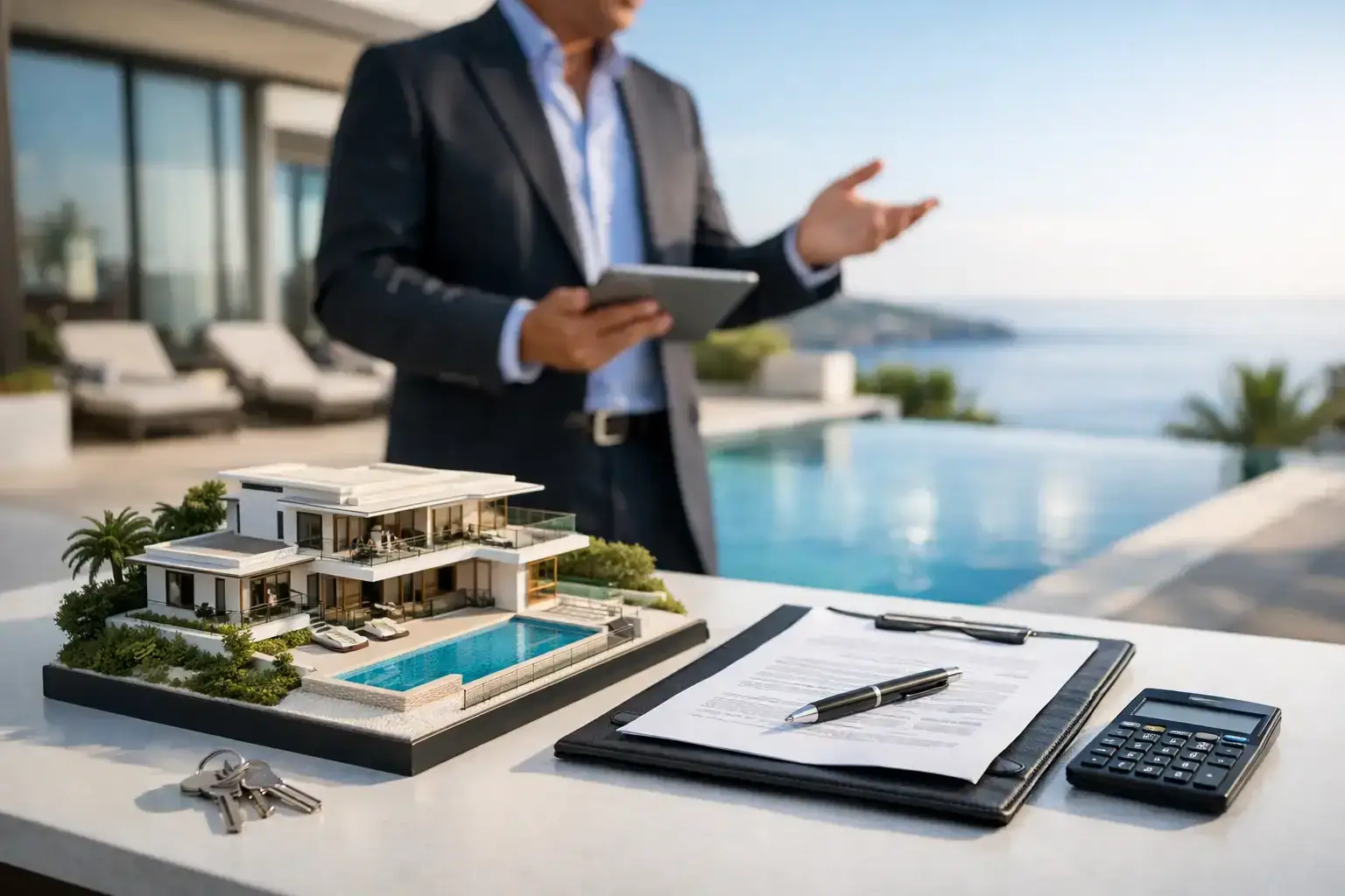 A high-end residential property with a pool, shown on a terrace with sea views, ideal for luxury living in Montenegro.