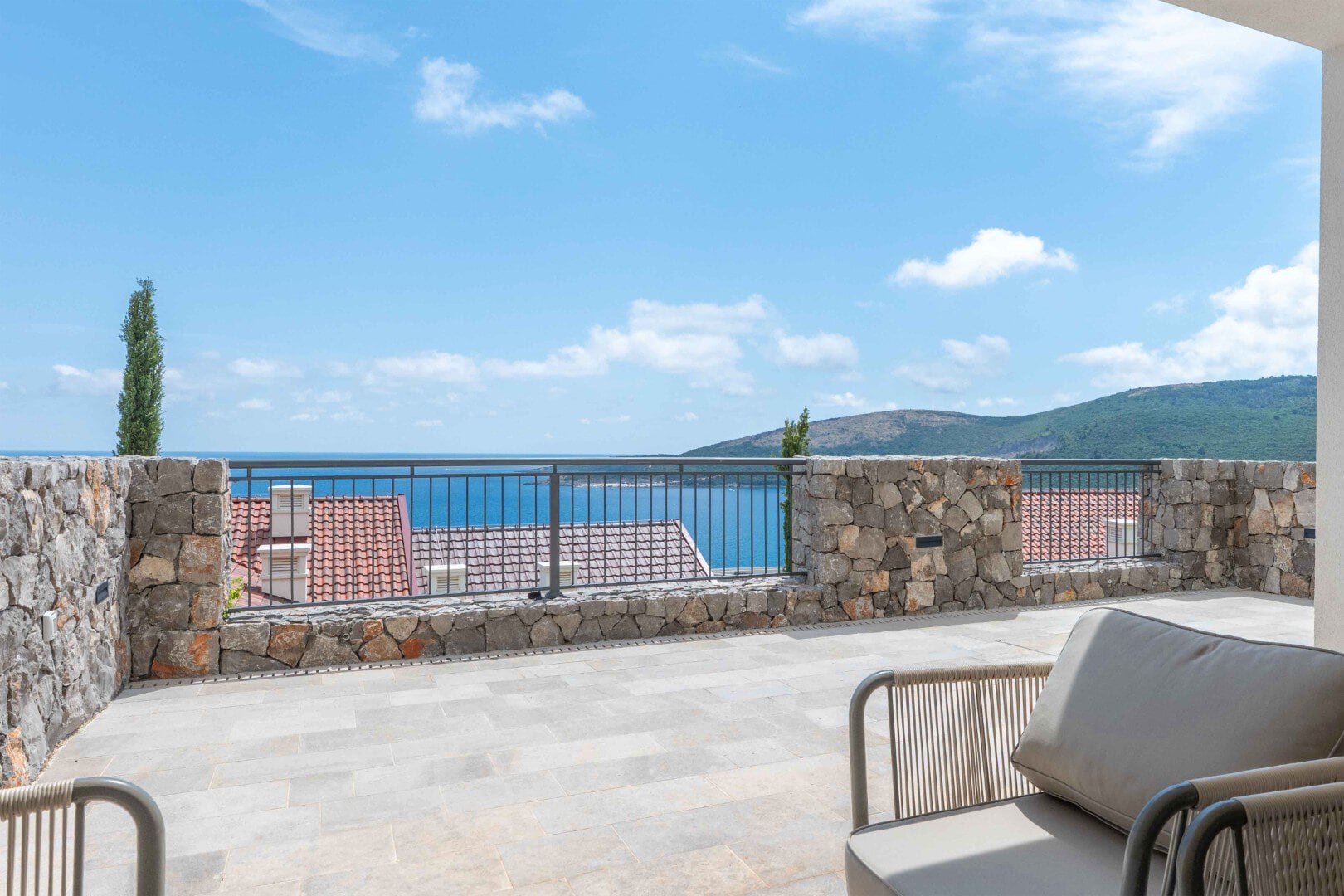 Luxury balcony with sea view in Montenegro, Luštica Bay, one-bedroom apartment.