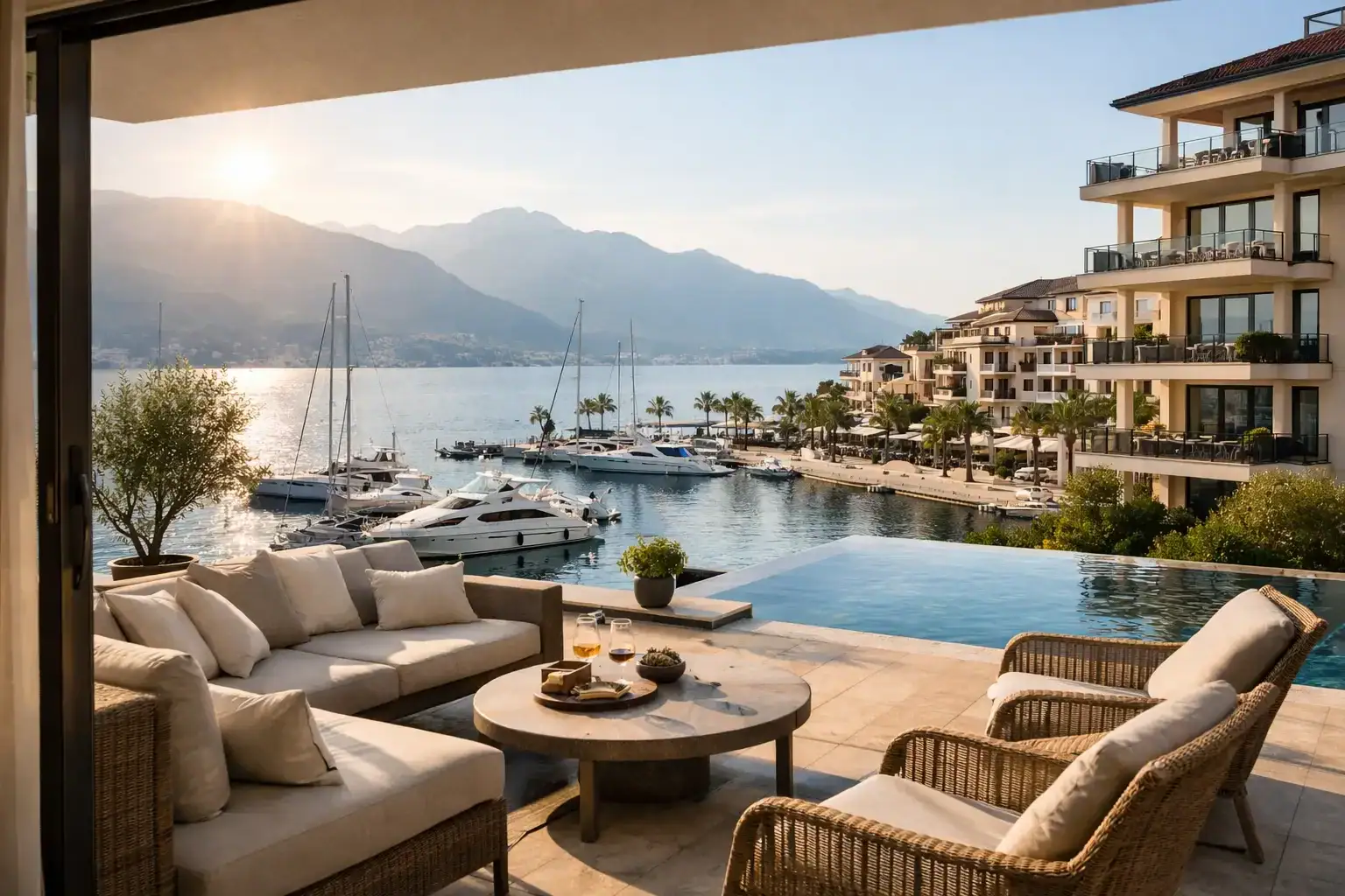 Luxury apartment with a view of Porto Montenegro, Montenegro, terrace and pool.