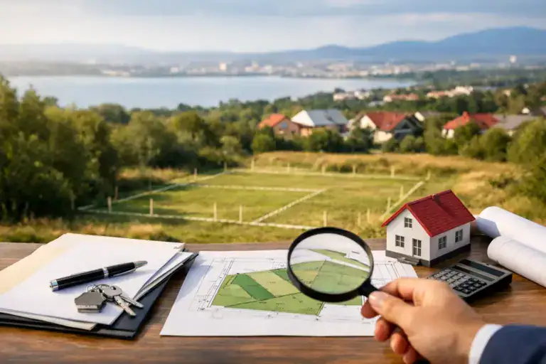 Naslovna Pogled na plac za gradnju kuće s planovima i modelom kuće, Crna Gora.