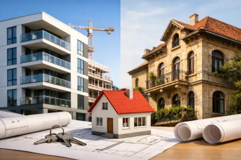 Naslovna Dvospratna nova zgrada i stara kuća u Crnoj Gori, urbanistički pejzaž.