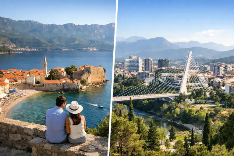Naslovna Primorje i Podgorica, pogled na obalu i most, luksuzne nekretnine Crna Gora.