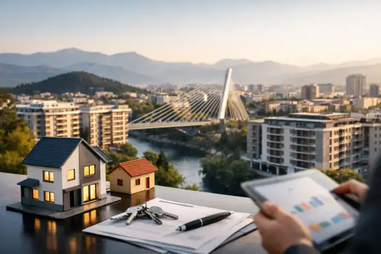 Naslovna Pregled tržišta stanova u Podgorici s pogledom na most i grad, luksuzne nekretnine Crna Gora.