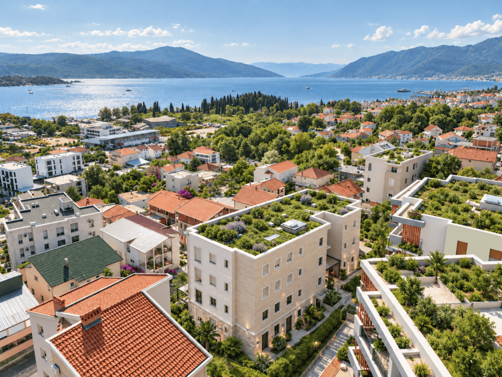 Pogled na Tivat i more s novogradnje u blizini centra grada.